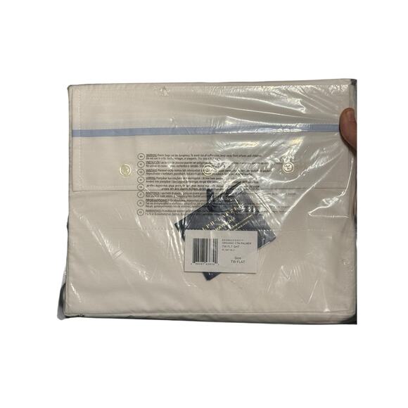 NWT Ralph Lauren 100% ORGANIC White Cotton‎ PALMER Twin Flat Sheet SKY BLUE Trim - Picture 1 of 3